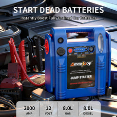 Amcelooy compact jump starter side profile showing portable, space-saving design.