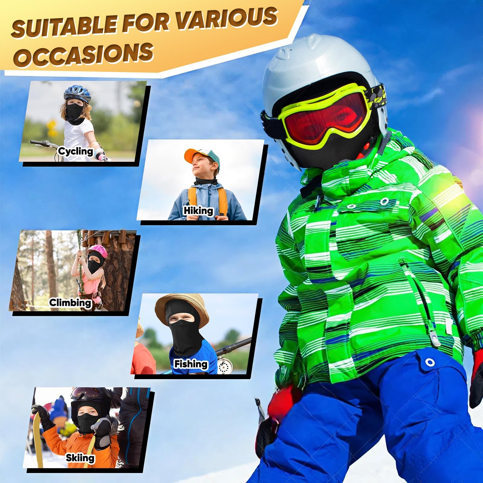 Ameceres Kids Balaclava face cover provides full facial coverage for outdoor play.