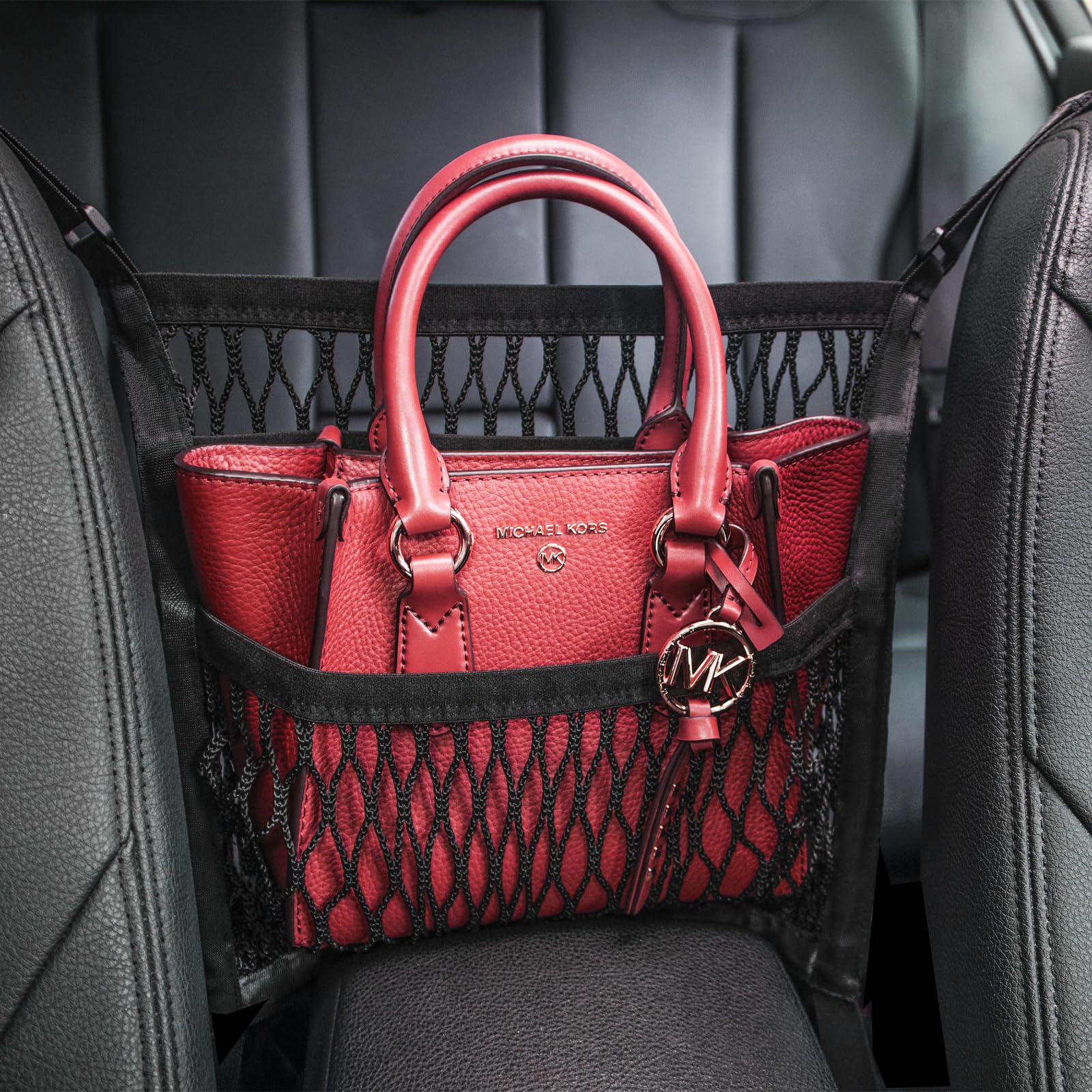 AMEIQ car organizer between front seats with purse holder for quick access