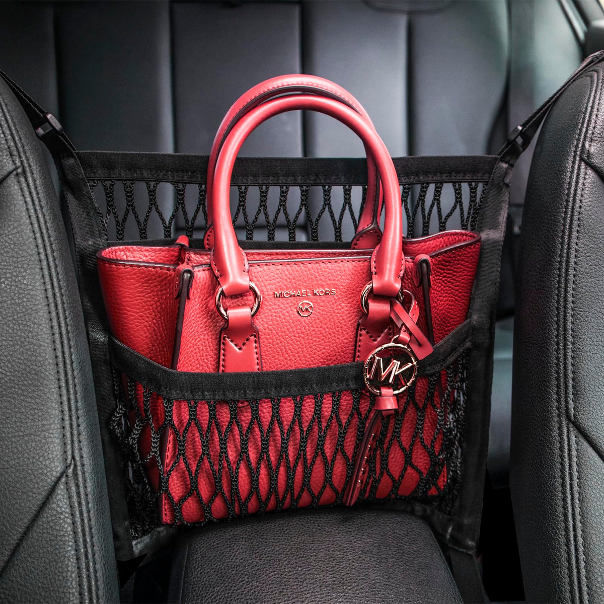 AMEIQ car organizer between front seats with purse holder for quick access