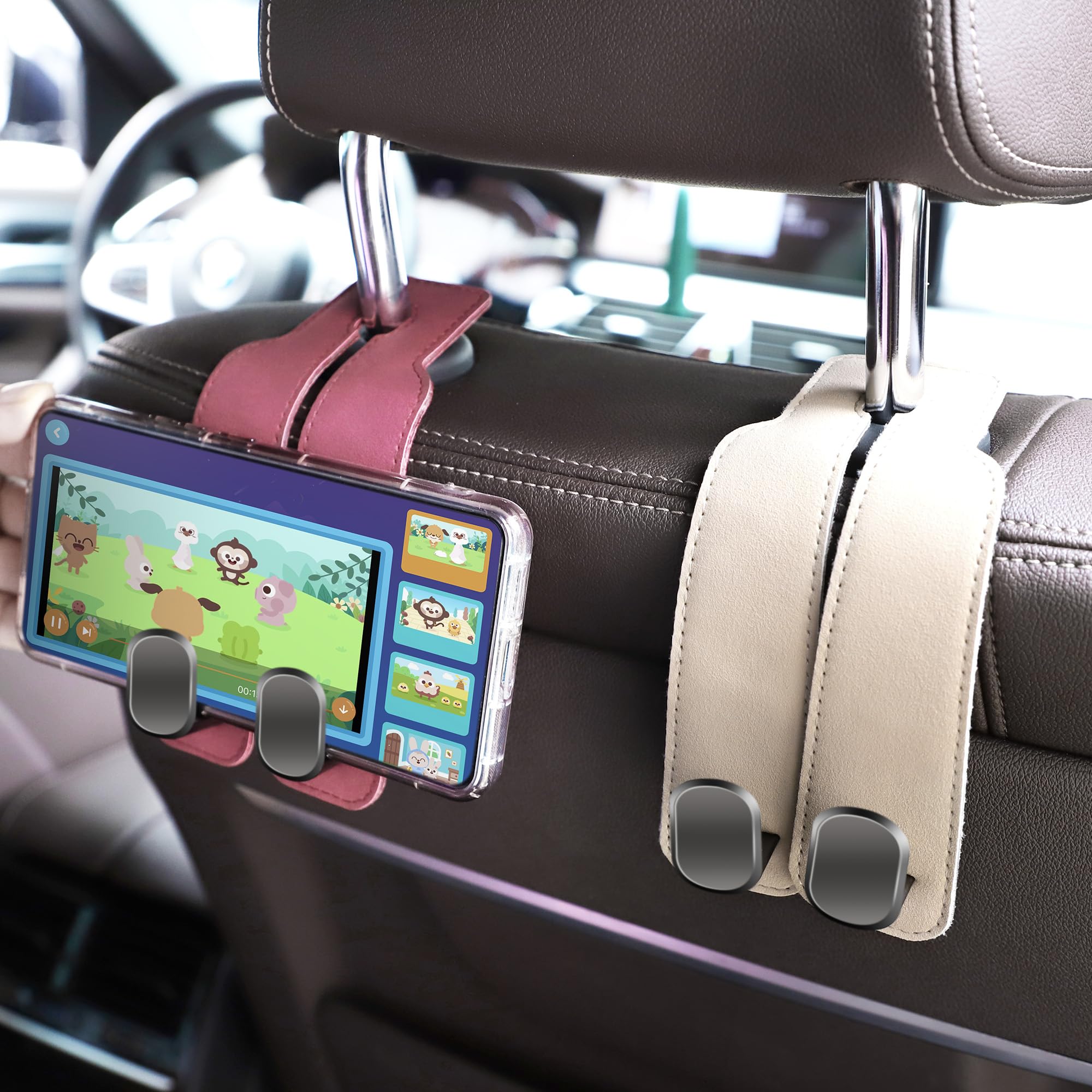 Amelity car-seat-hooks leather closeup highlights premium texture and sturdy construction.