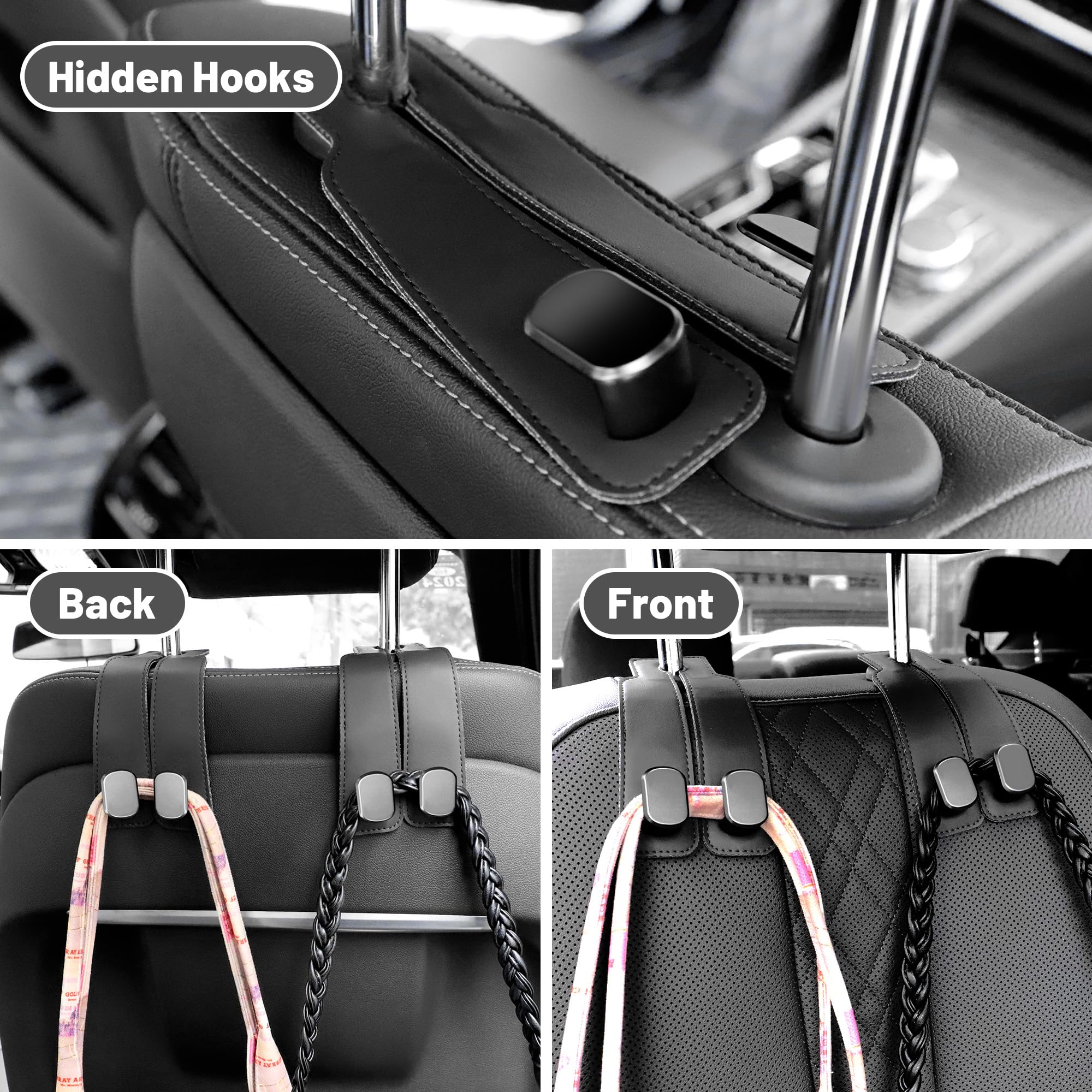 Amelity purse hanger for car headrest storage and organization.