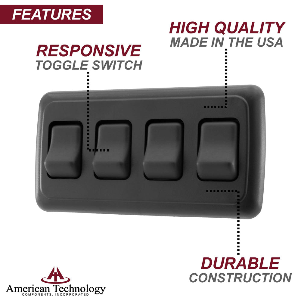 American Technology Components quad SPST switch dimensions help precise mounting in panels.