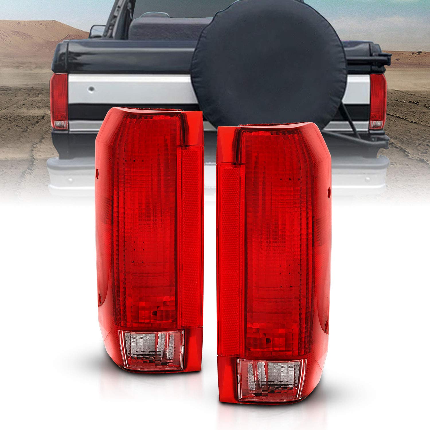 AmeriLite tail light assembly, driver side for Bronco/F-150, improves nighttime visibility.