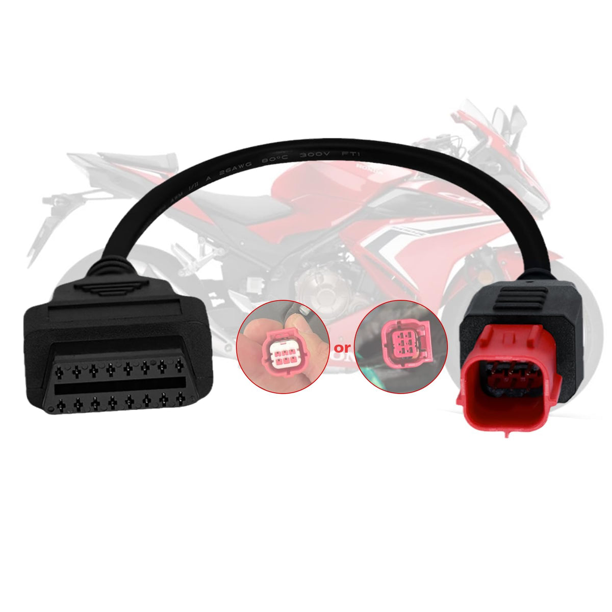 AMHTDOL 6-pin OBD2 cable connected to motorcycle port for quick CAN bus diagnostics.