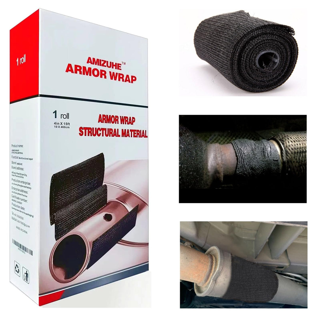 AMIZUHE fiberglass repair tape applied to exhaust wrap shows quick, high-strength repair.