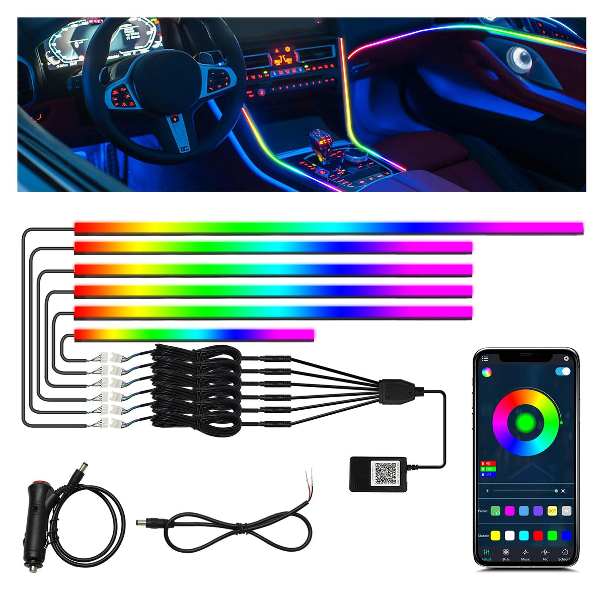 AMKI interior car LED strip lights provide customizable ambient cabin illumination for any ride.