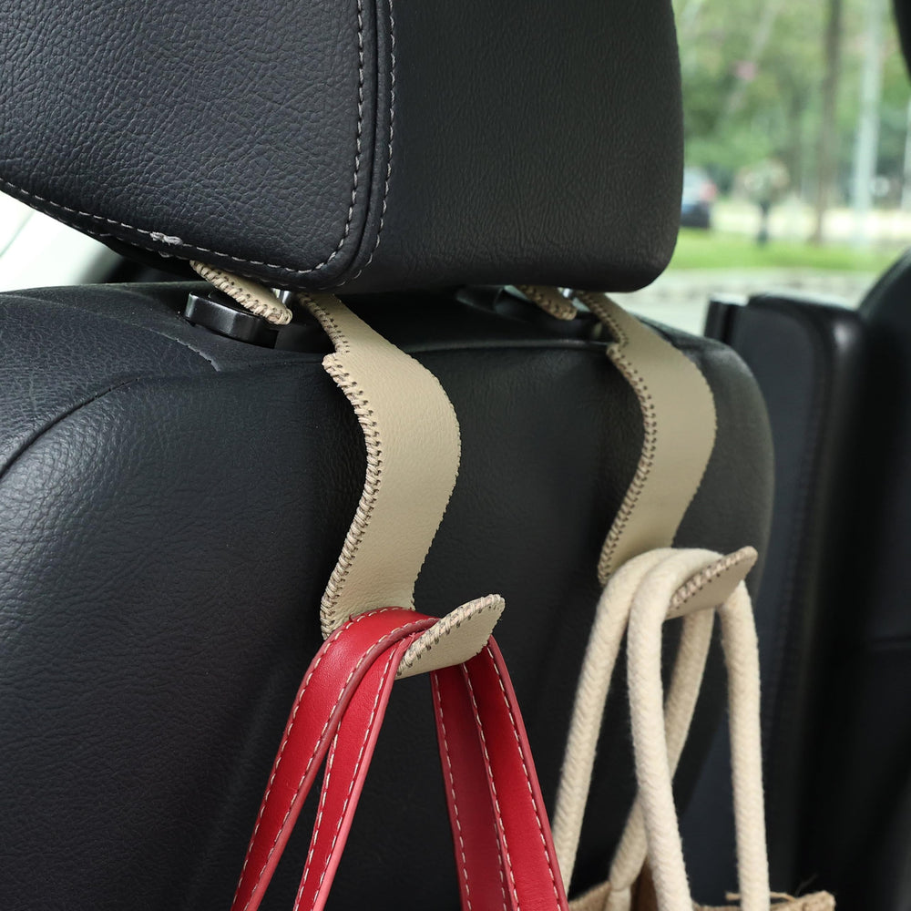 Amooca car seat headrest hook back view demonstrates hidden profile and versatile placement for front or back seats.