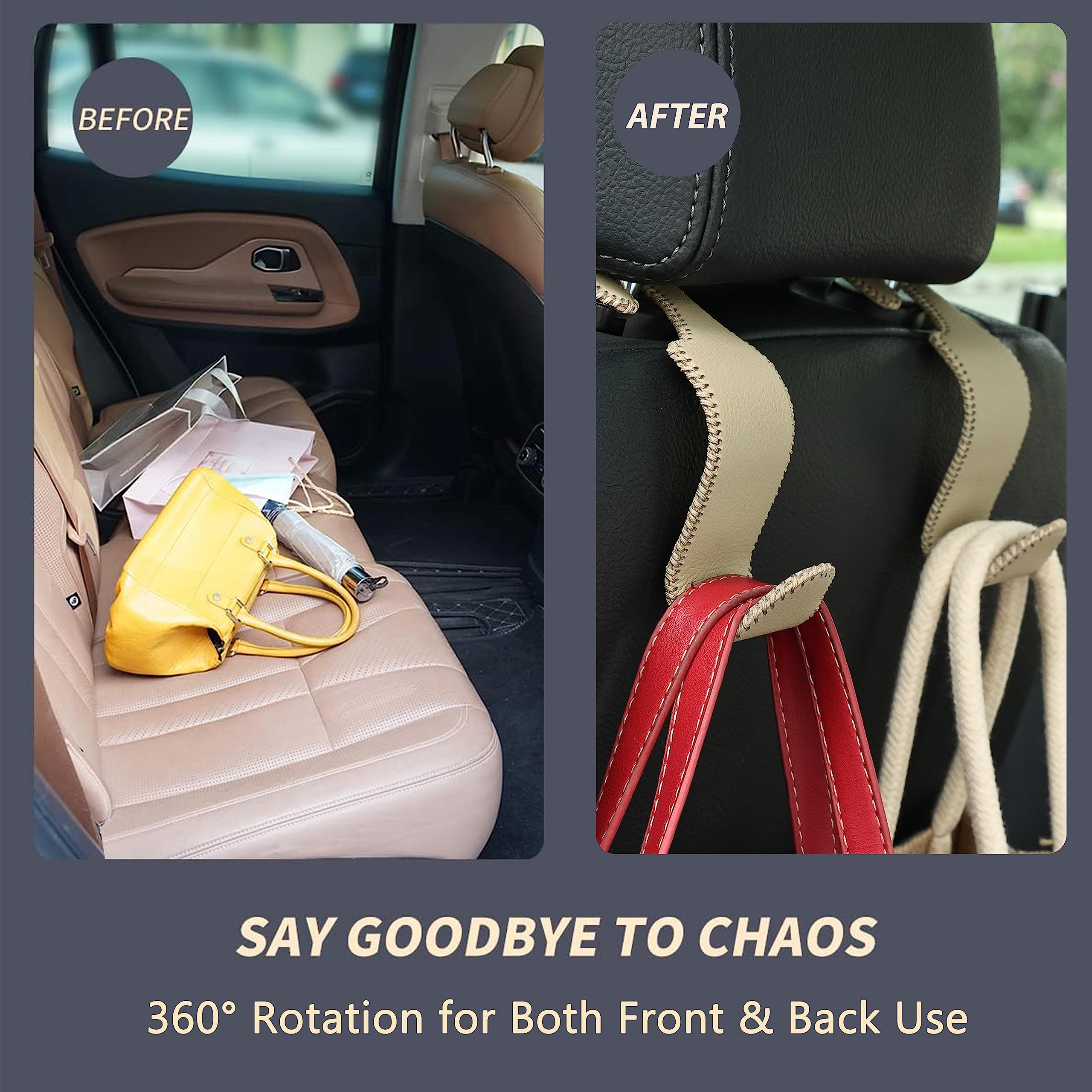 Amooca headrest hook rotates 360 degrees for flexible use in any direction in car organization.