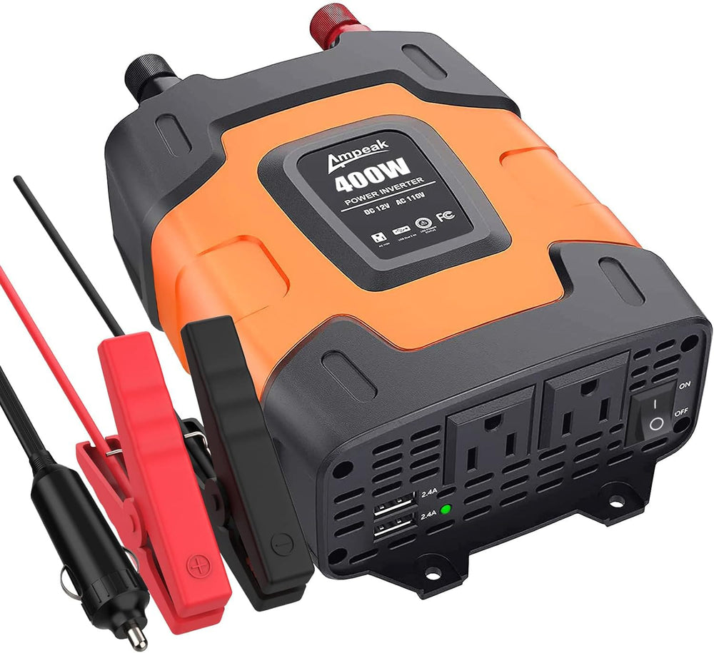 Ampeak 400W inverter front view showing compact design for road trips and portable power