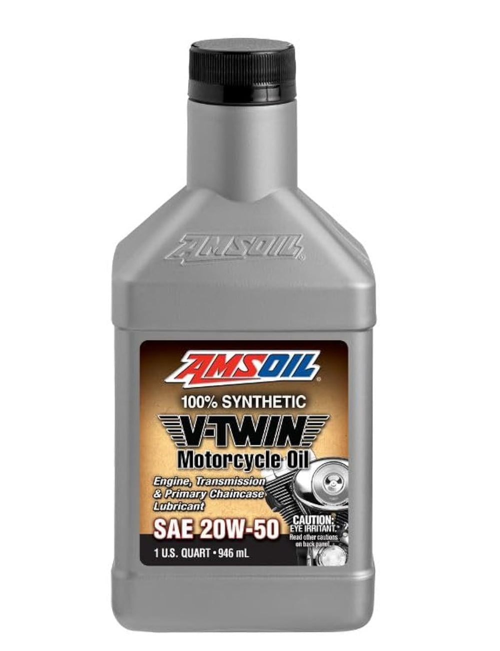 AMSOIL full synthetic motorcycle oil 20W-50 1qt bottle provides high-heat engine protection.