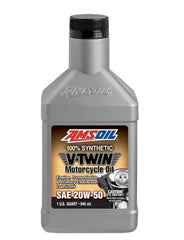 AMSOIL full synthetic motorcycle oil 20W-50 1qt bottle provides high-heat engine protection.
