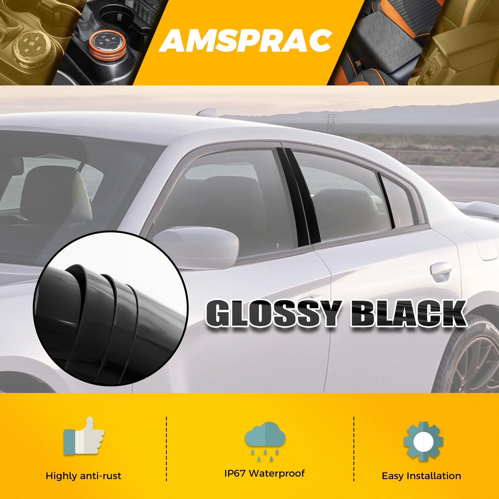 AMSPRAC glossy black pillar trim enhances finish and sporty appearance