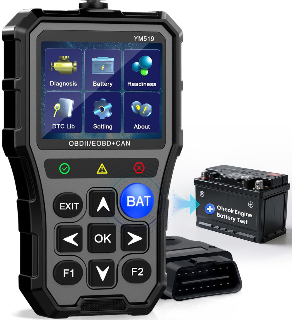 AMTIFO OBD2 scanner battery test shows health and charging status for reliable starts.