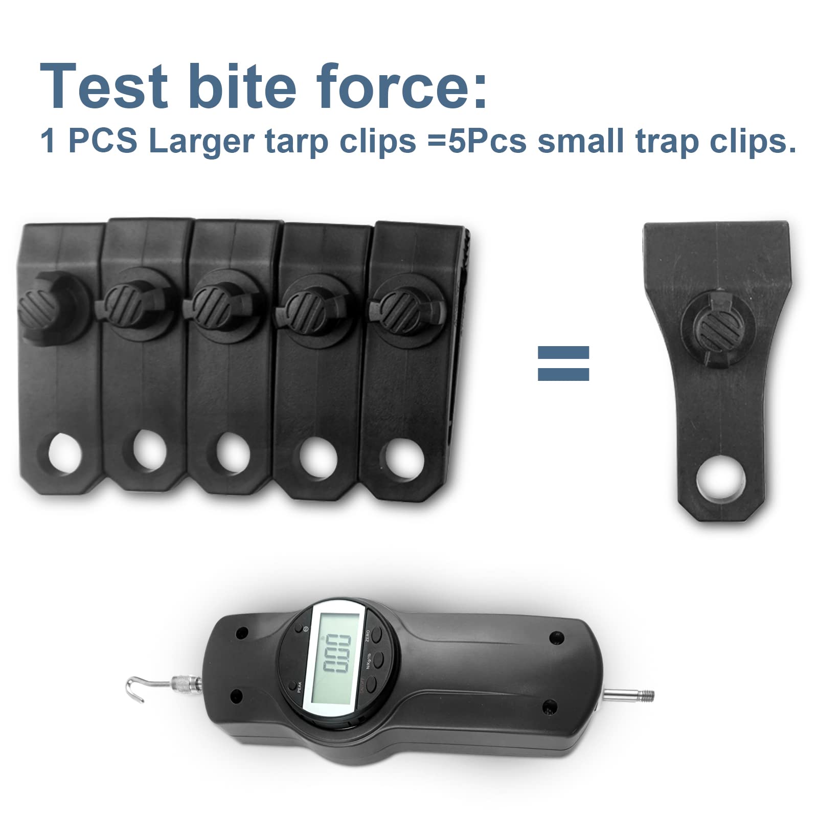 AMURS tarp clips with six rows of teeth deliver a strong bite.