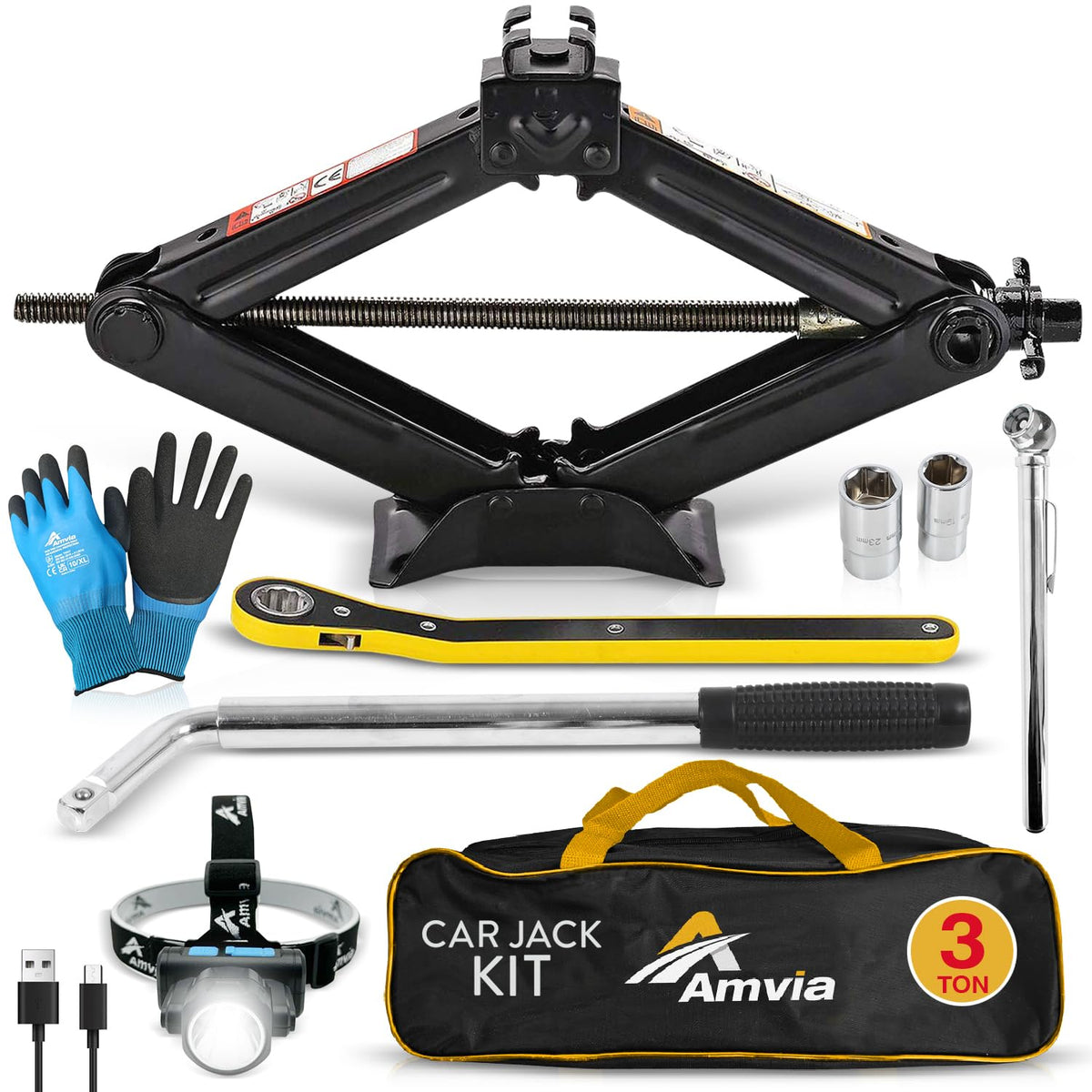 AMVIA car jack kit 3-ton lift showing portable scissor jack for SUV and sedan use