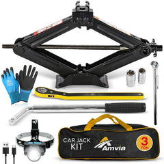 AMVIA car jack kit 3-ton lift showing portable scissor jack for SUV and sedan use
