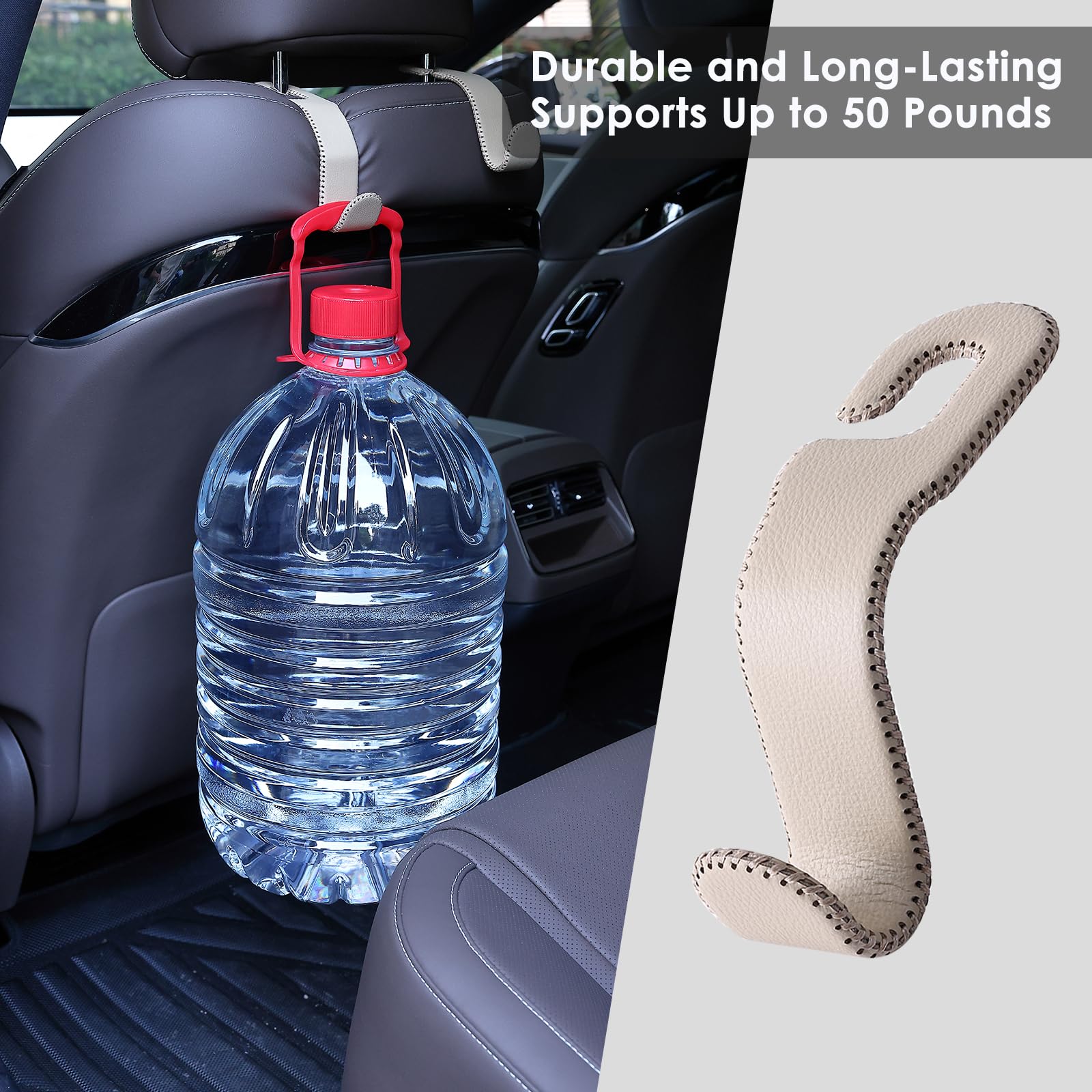 AMVOYOA sturdy core leather hook beige: durable, practical headrest hanger.