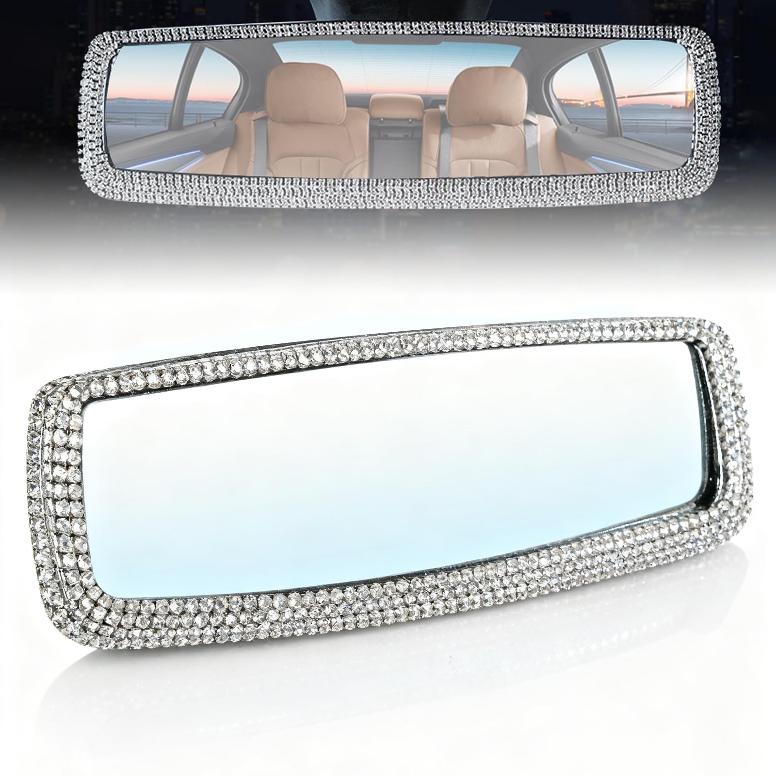 AMZAUTO bling rearview mirror with rhinestones edge to elevate interior