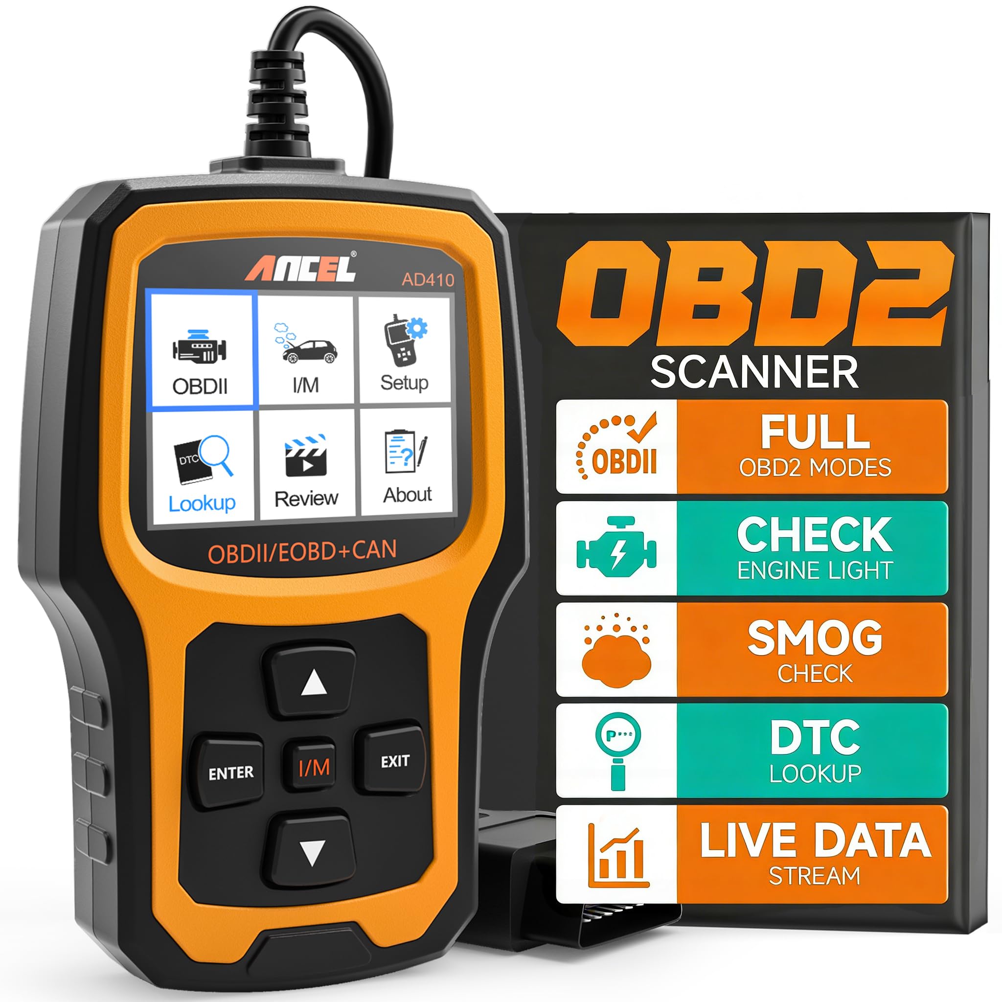 ANCEL AD410 front view shows a compact diagnostic tool for quick car checks.