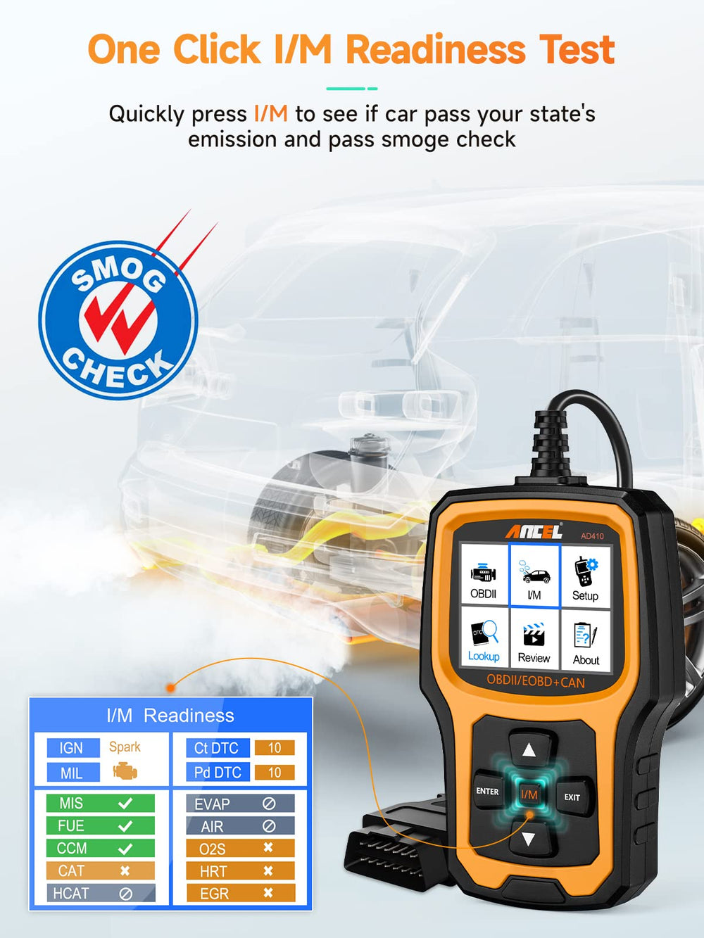 ANCEL AD410 LED indicators provide at-a-glance status during scans.