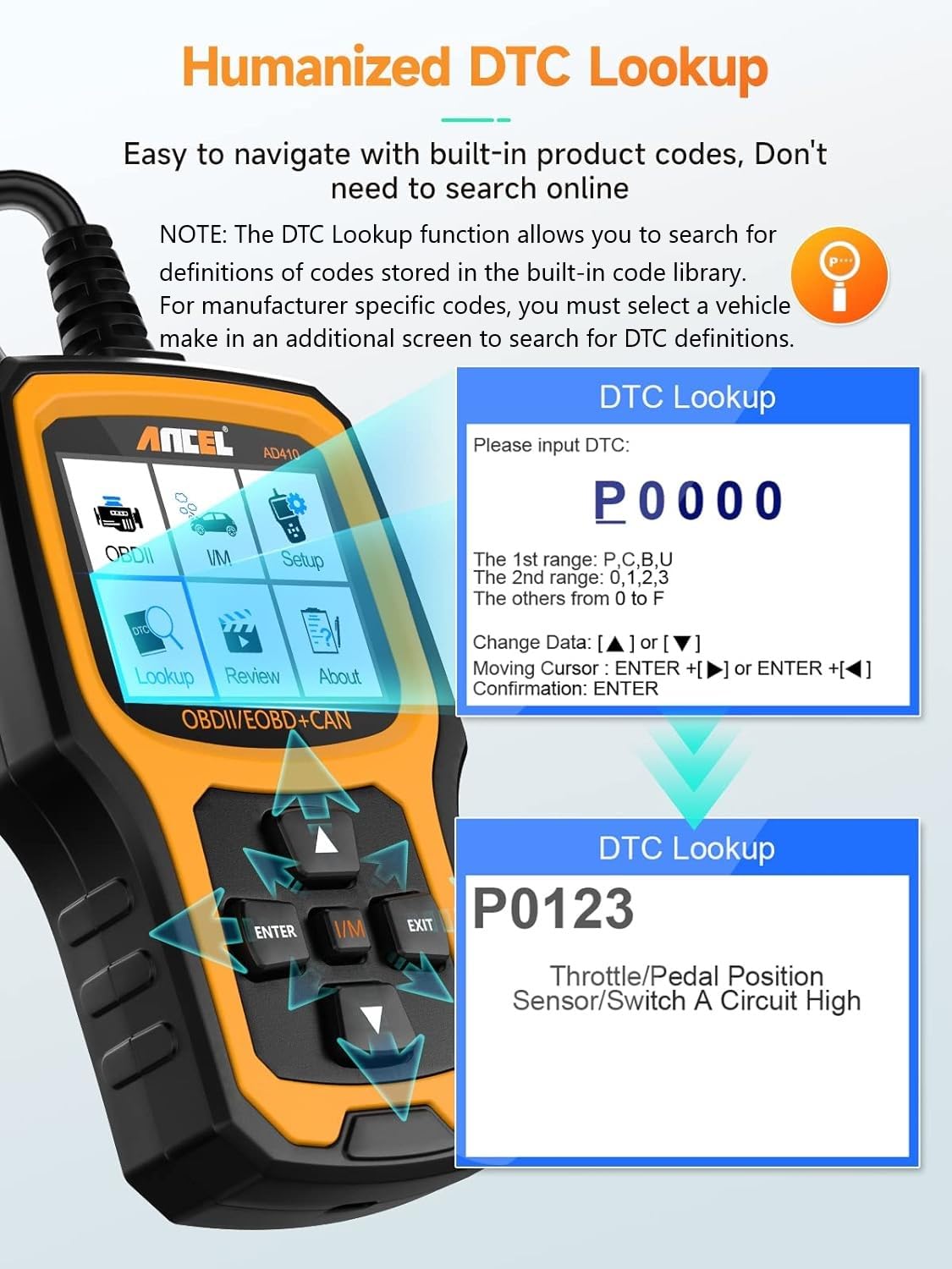 ANCEL AD410 O2 sensor test helps optimize air-fuel mix.