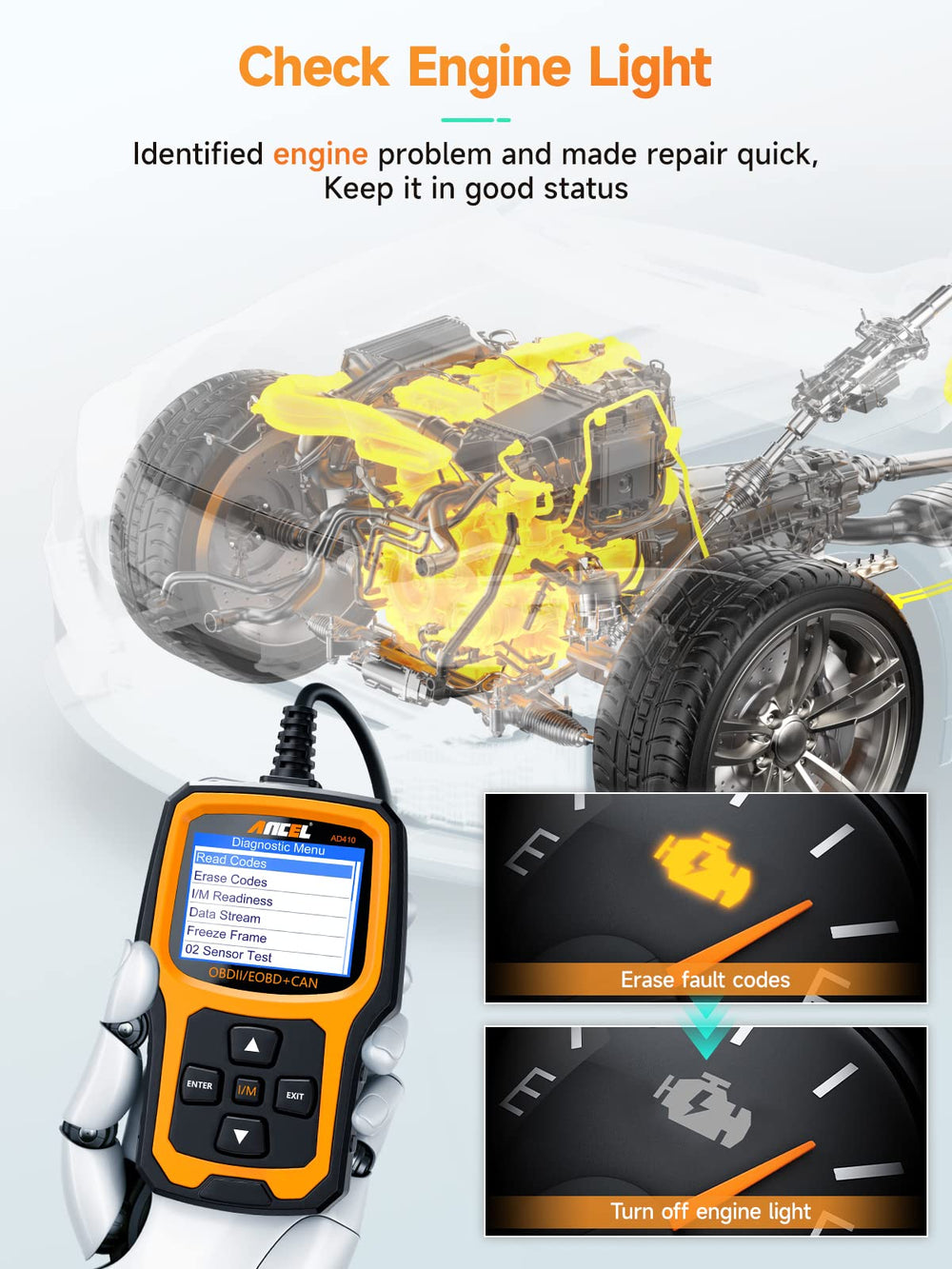ANCEL AD410 connected to the OBD-II port for easy vehicle diagnostics.