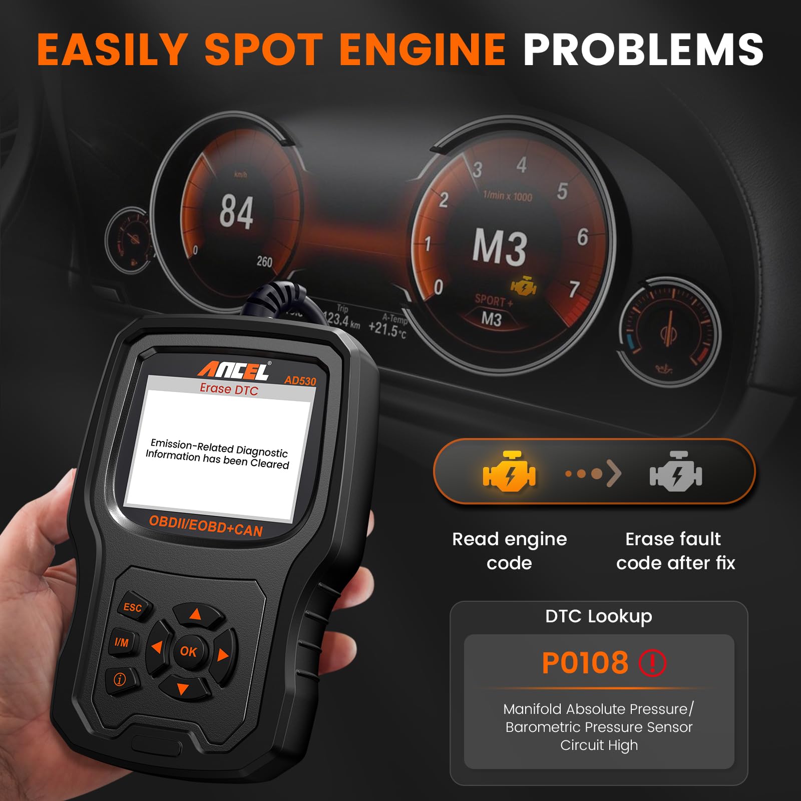 ANCEL AD530 one click I M readiness feature for emissions check