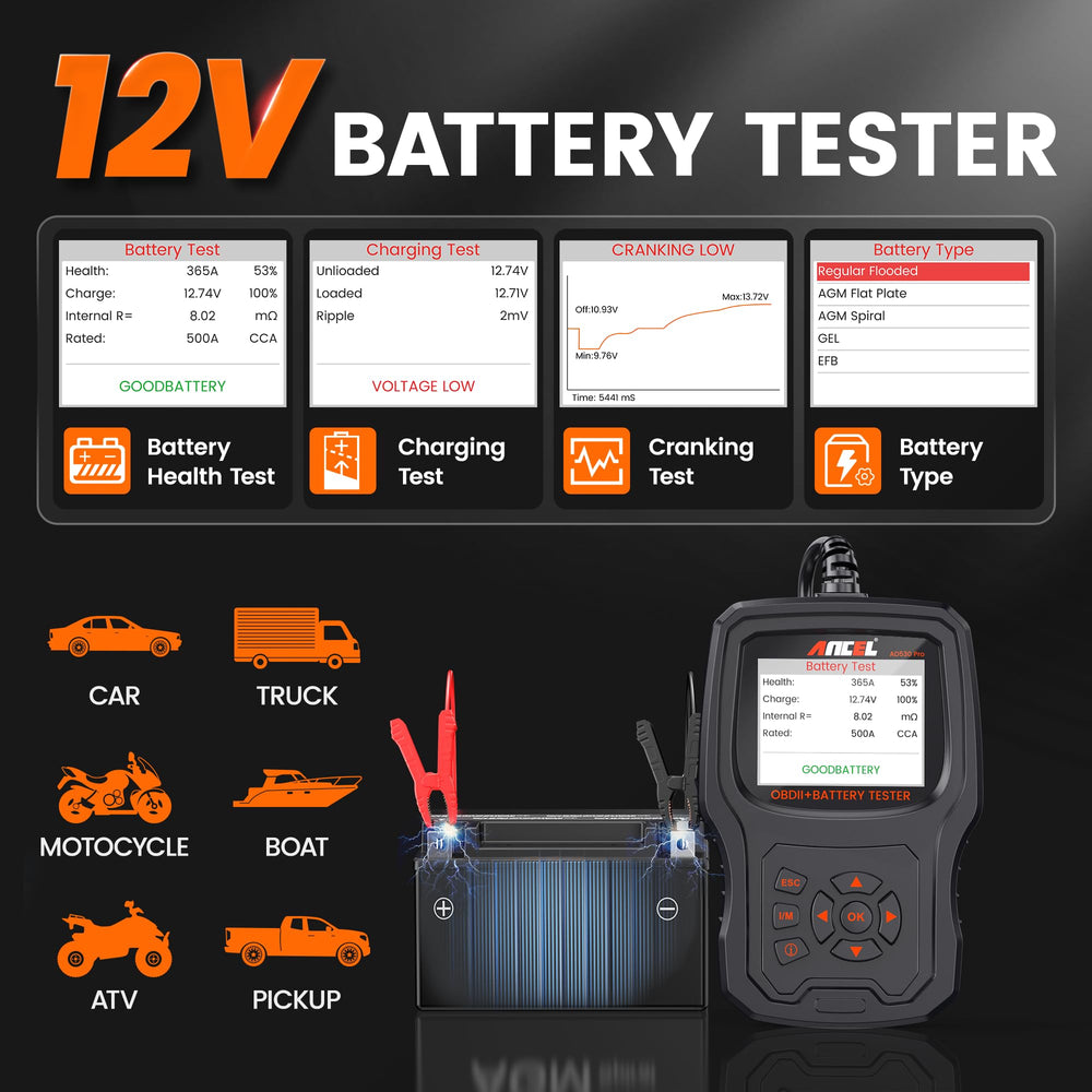 ANCEL AD530 PRO charging test verifies alternator performance