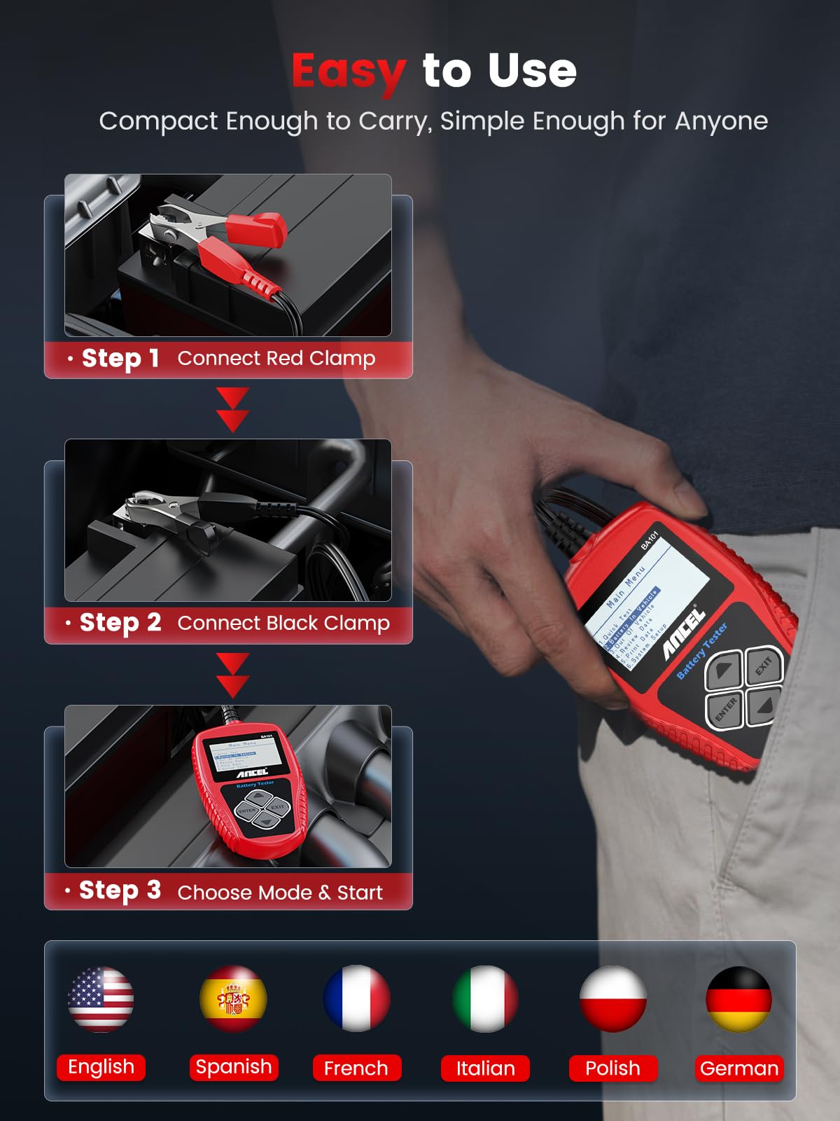 ANCEL BA101 supports Flooded, AGM, GEL, and EFB battery types