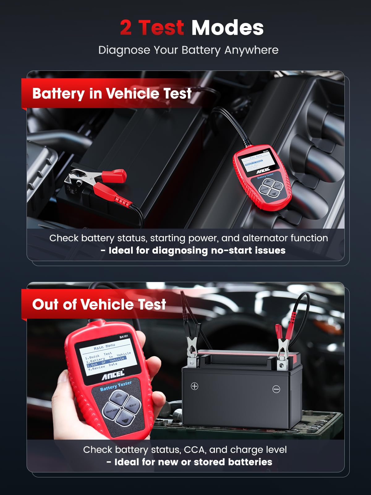ANCEL BA101 compatibility with 12V standards including SAE, DIN, GB