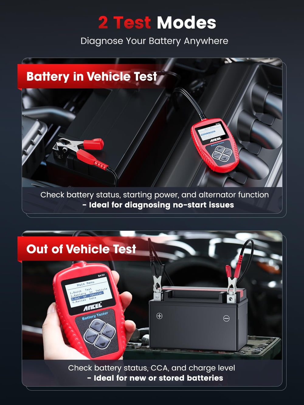 ANCEL BA101 compatibility with 12V standards including SAE, DIN, GB