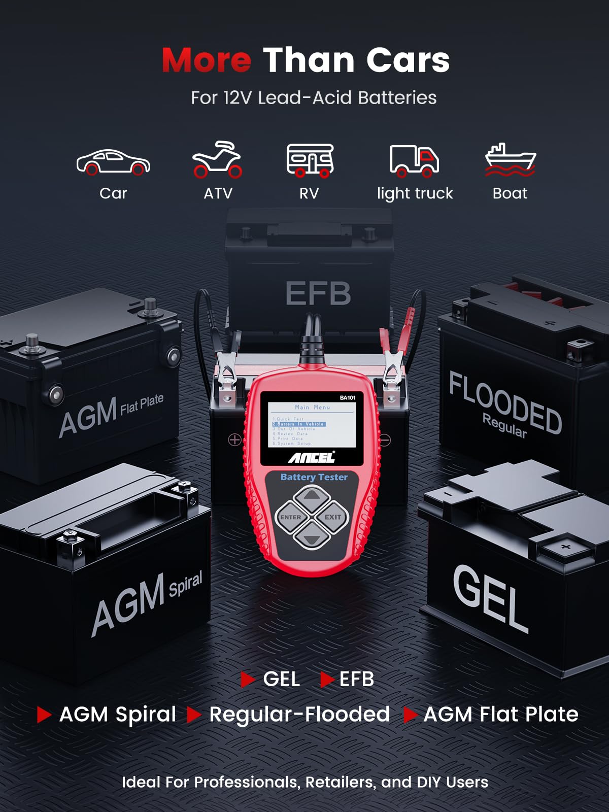 ANCEL BA101 durable ABS housing protects tester and battery during use
