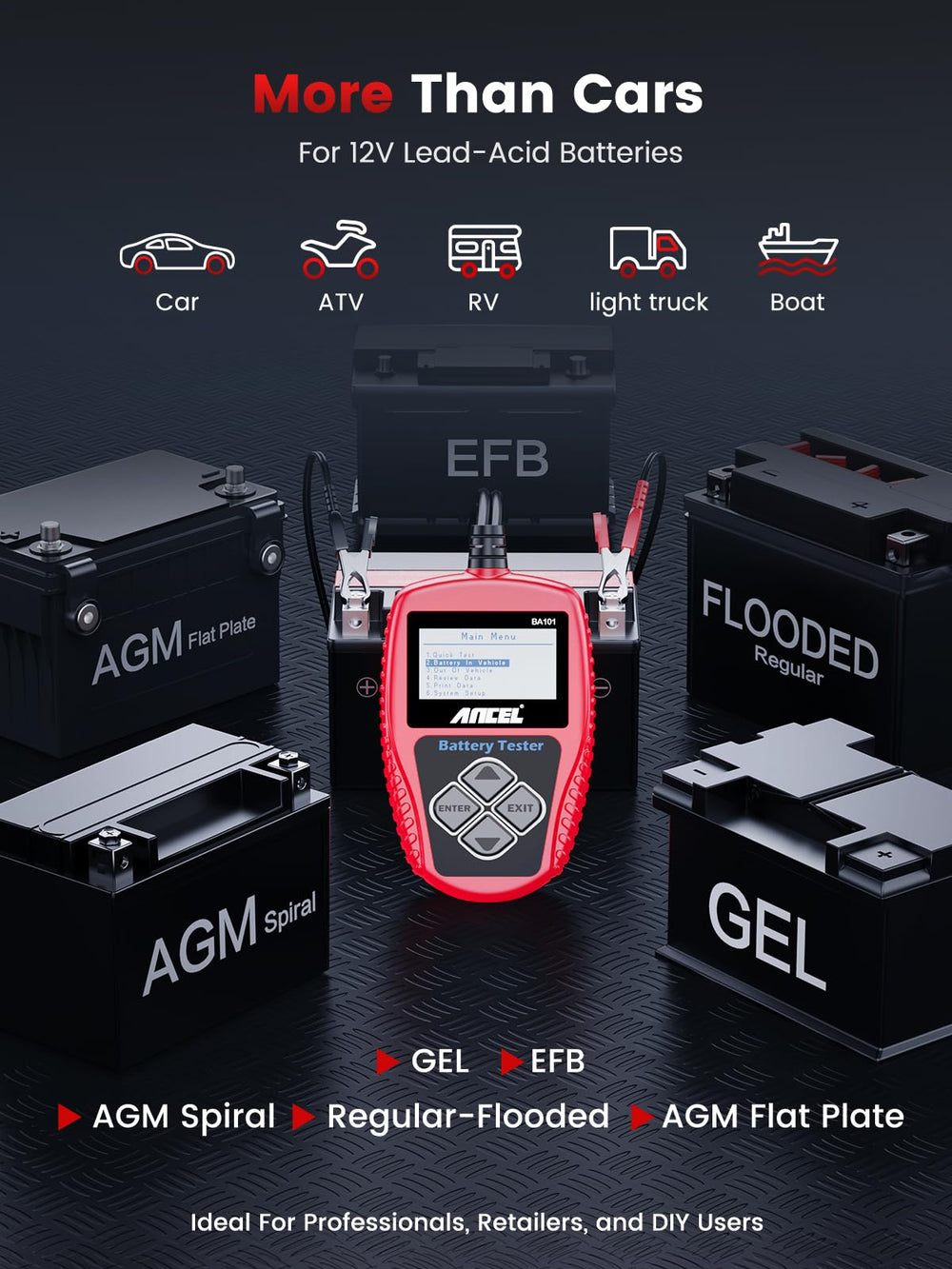 ANCEL BA101 durable ABS housing protects tester and battery during use