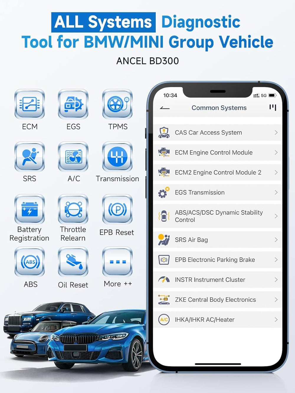 ANCEL BD300 battery registration menu enables fast BMW/MINI/Rolls-Royce battery setup.