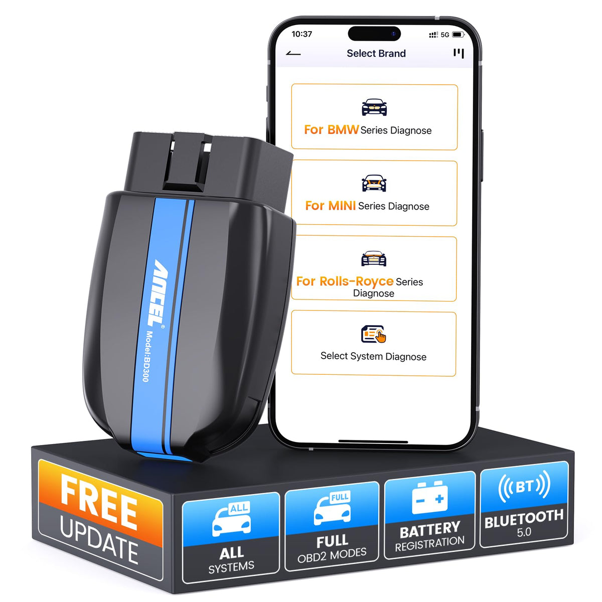 ANCEL BD300 BMW Bluetooth OBD2 scanner showcases wireless diagnostics for BMW owners.