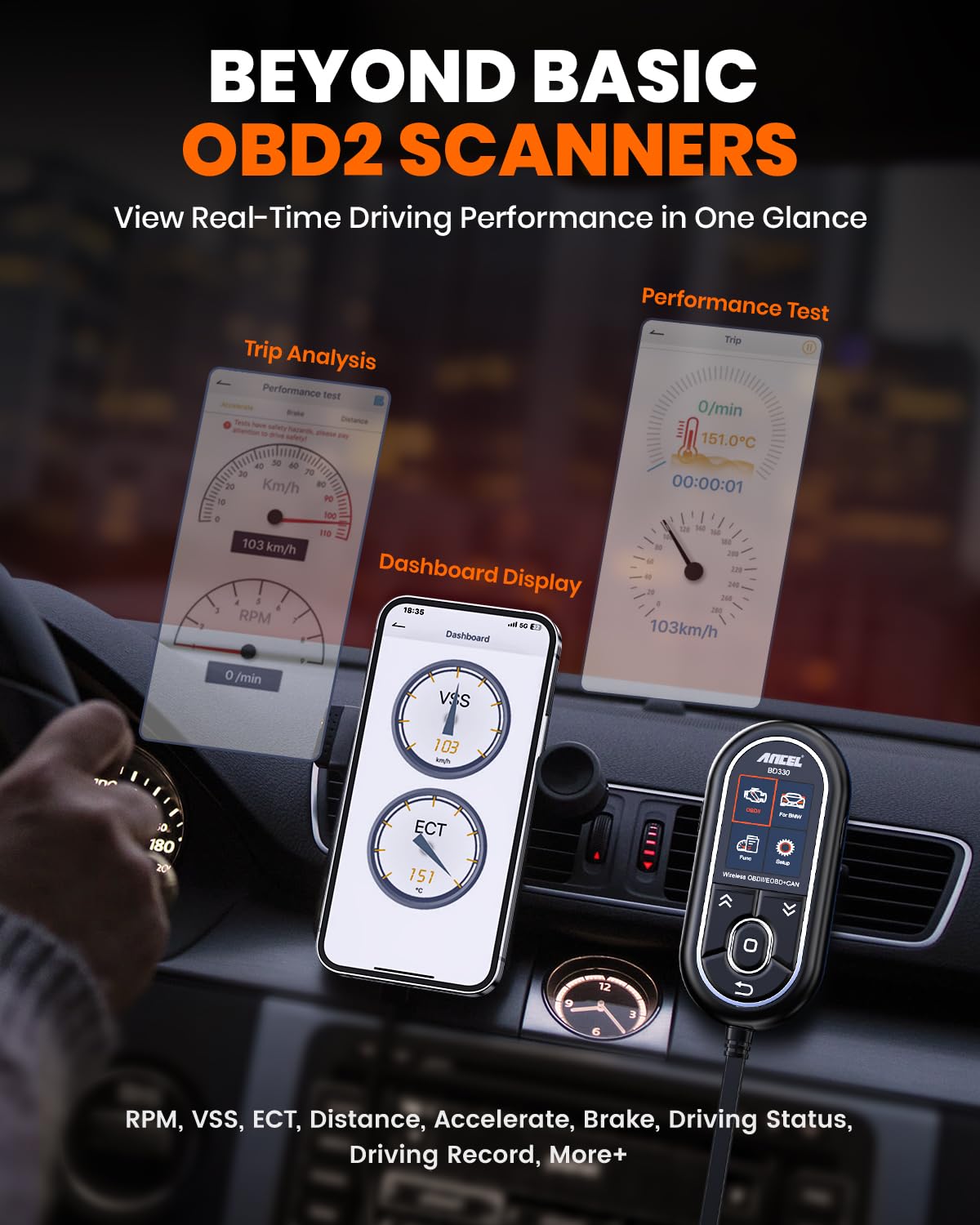 ANCEL BD330 HUD mode displaying key data on the windshield.