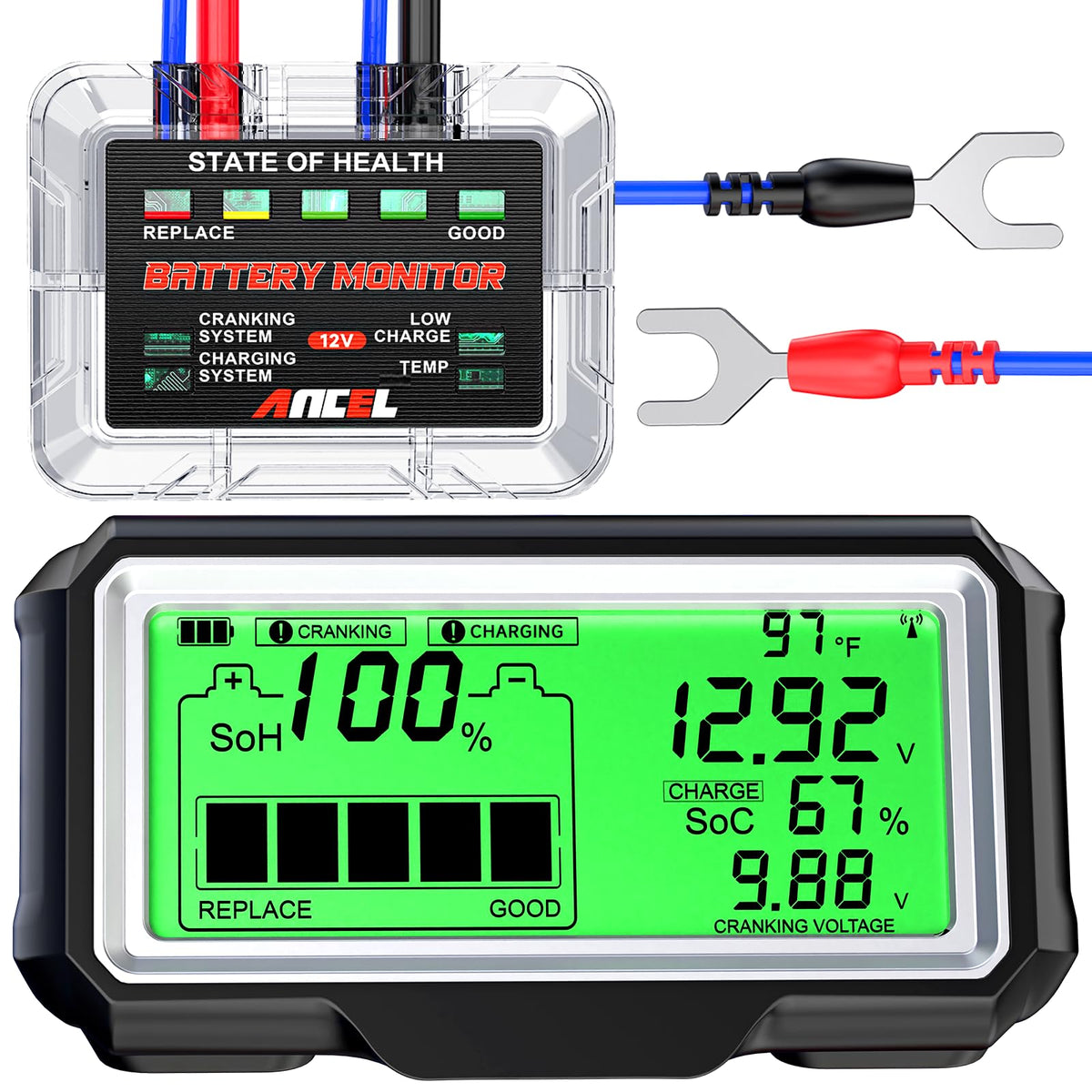 ANCEL BM200 PRO display shows real-time voltage, temperature, and health percentage for quick vehicle checks.
