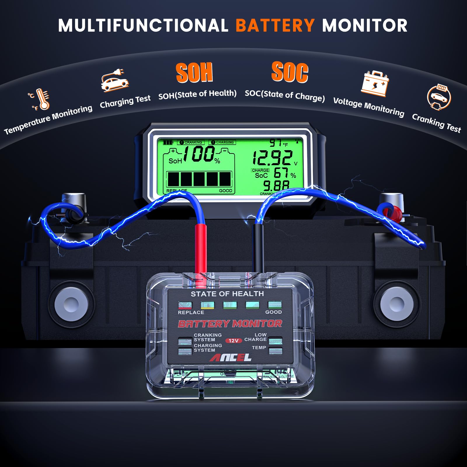 ANCEL BM200 PRO wireless host and screen enable easy monitoring without cords or apps.