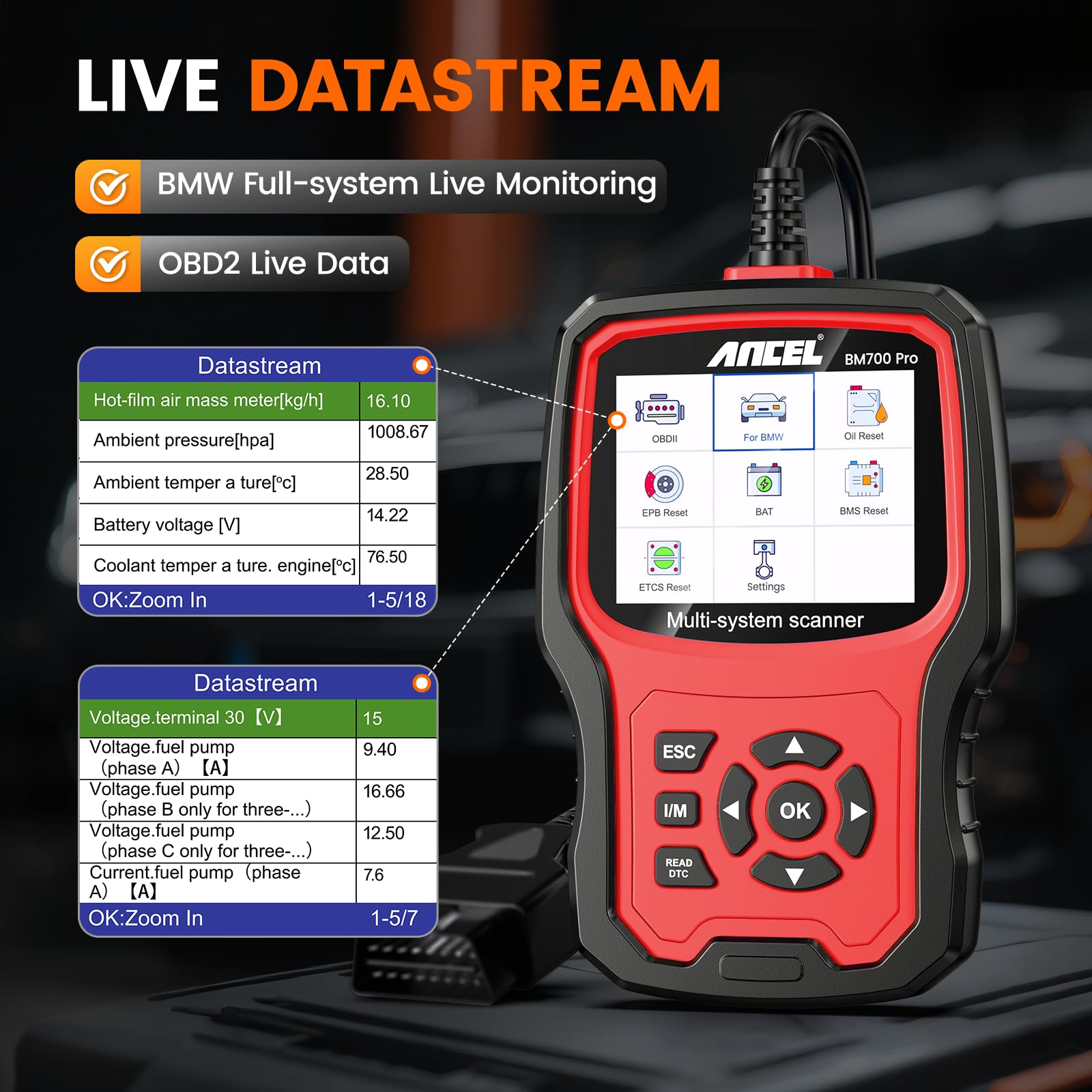 BM700 PRO OBD modes cover engine, transmission, ABS, and more in one tool.