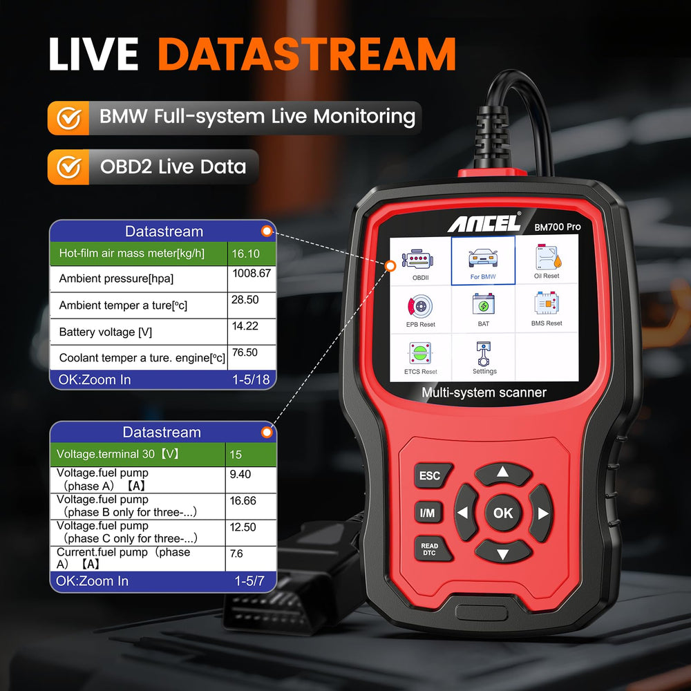 BM700 PRO OBD modes cover engine, transmission, ABS, and more in one tool.