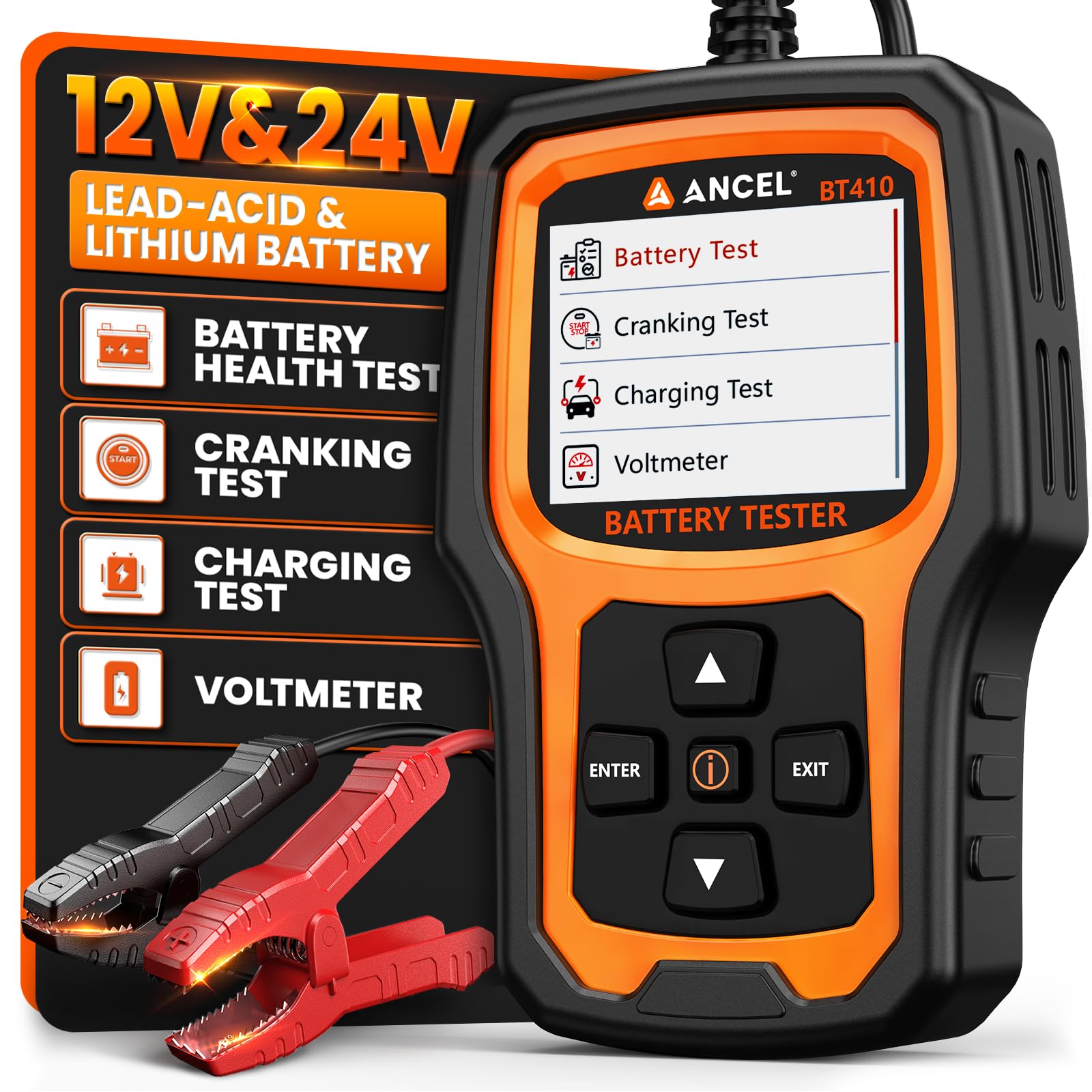 ANCEL BT410 battery tester front view with test results on screen