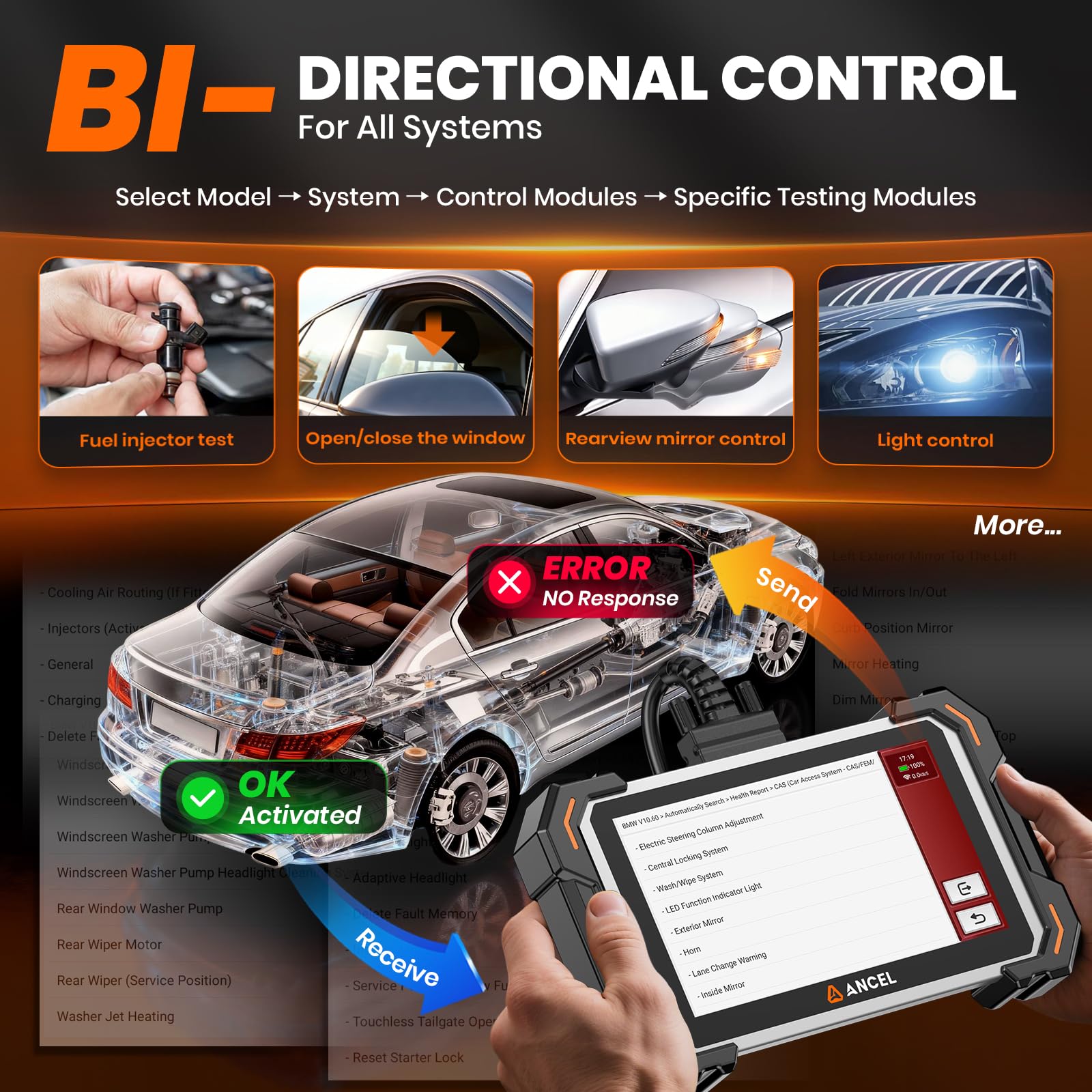 Ancel DS500 Elite features 28 maintenance services for car care and calibration.