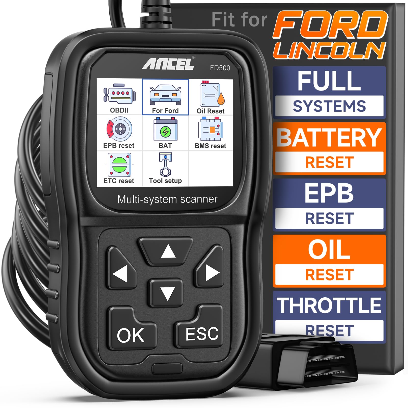 ANCEL FD500 screen display provides clear Ford system codes for quick diagnostics.