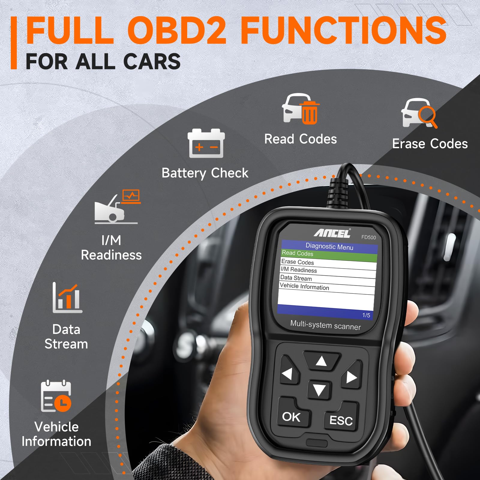 ANCEL FD500 LCD screen offers readable results during roadside diagnostics.