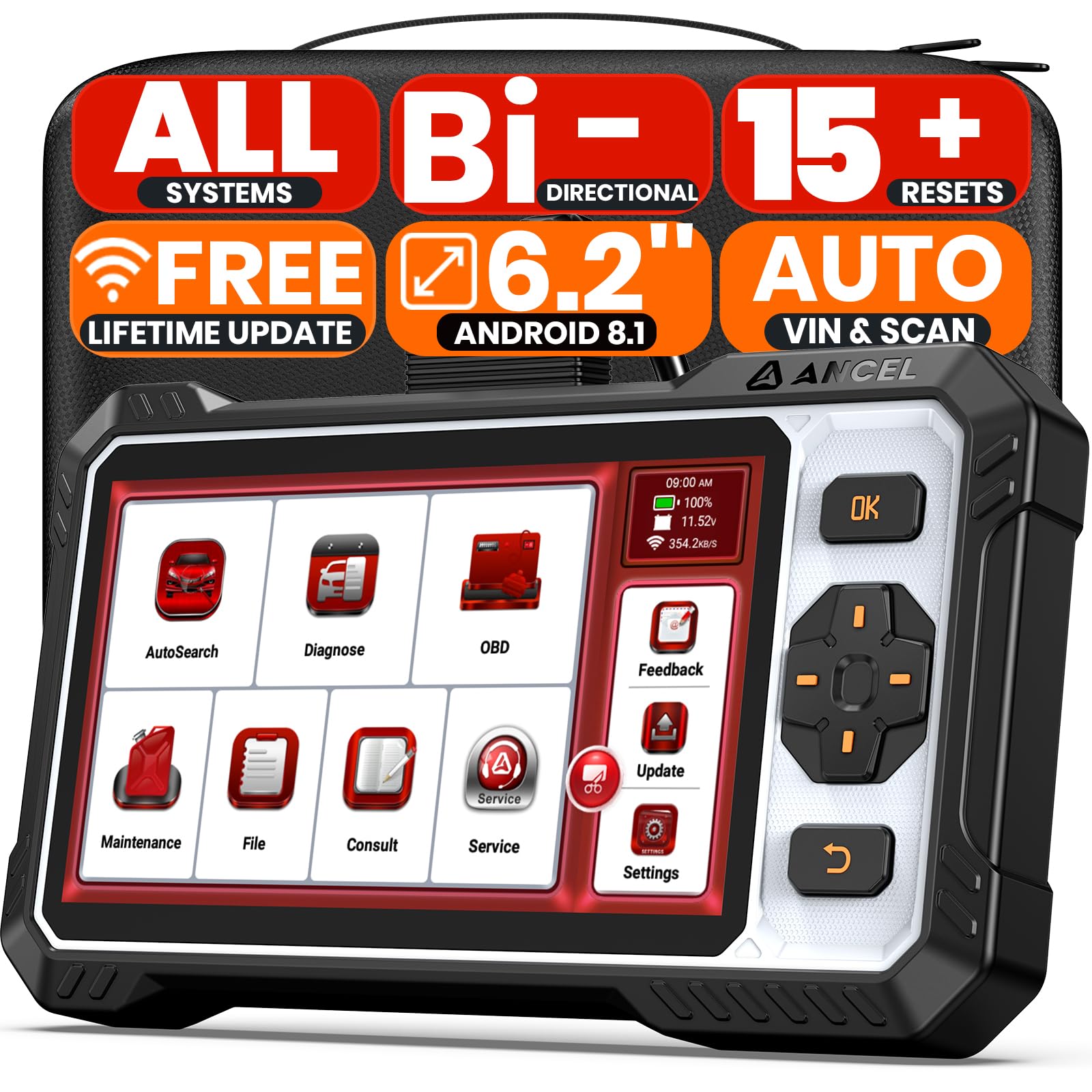 ANCEL FX6100 bidirectional scan tool front view for comprehensive vehicle diagnostics.