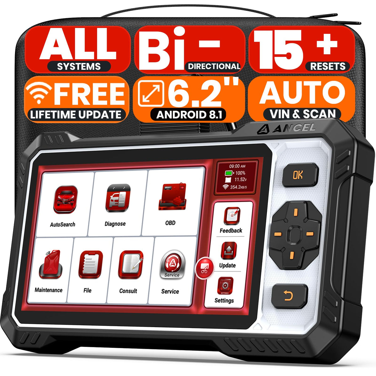 ANCEL FX6100 bidirectional scan tool front view for comprehensive vehicle diagnostics.