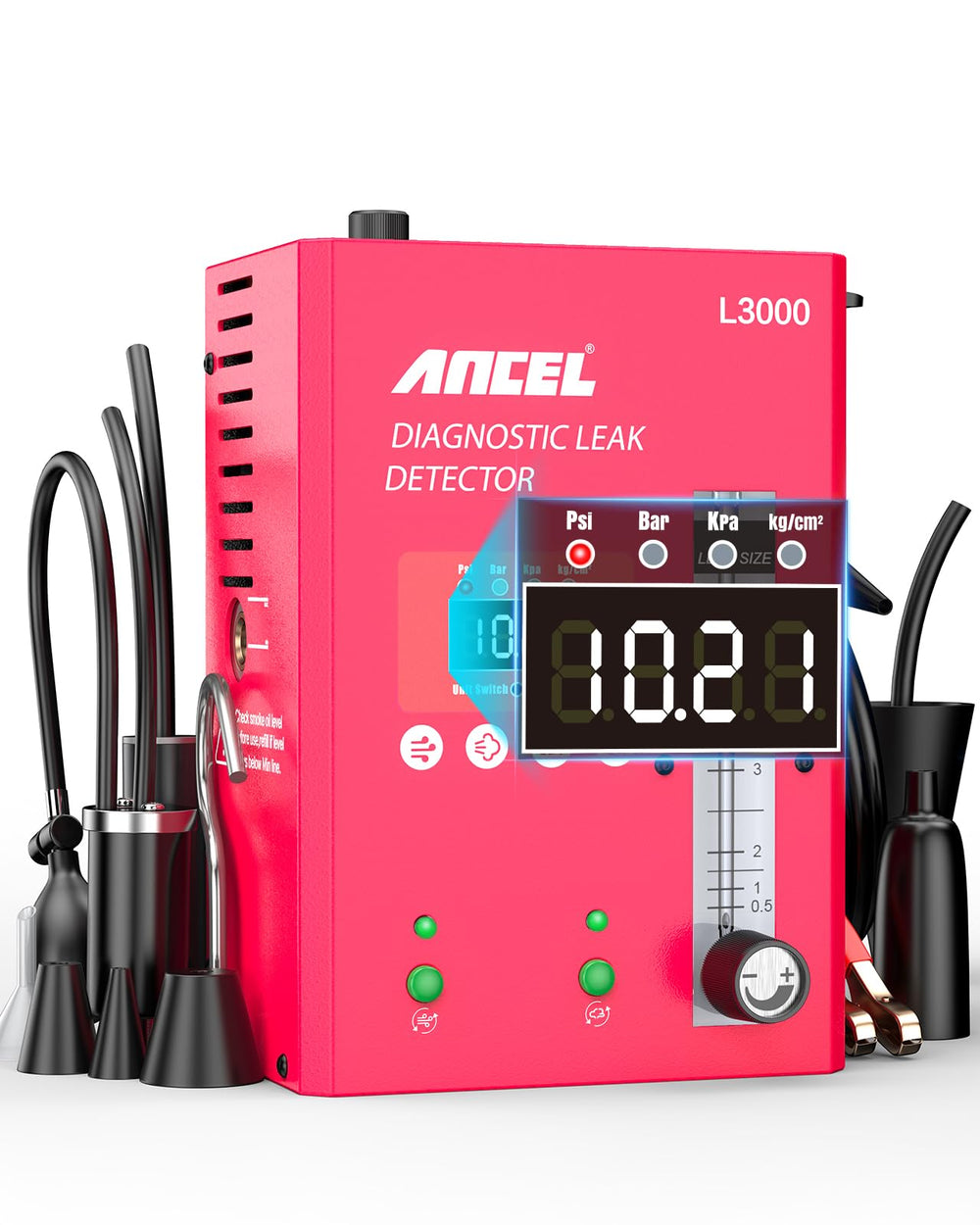 ANCEL L3000 digital smoke detector front view with testing hoses for leak diagnosis.