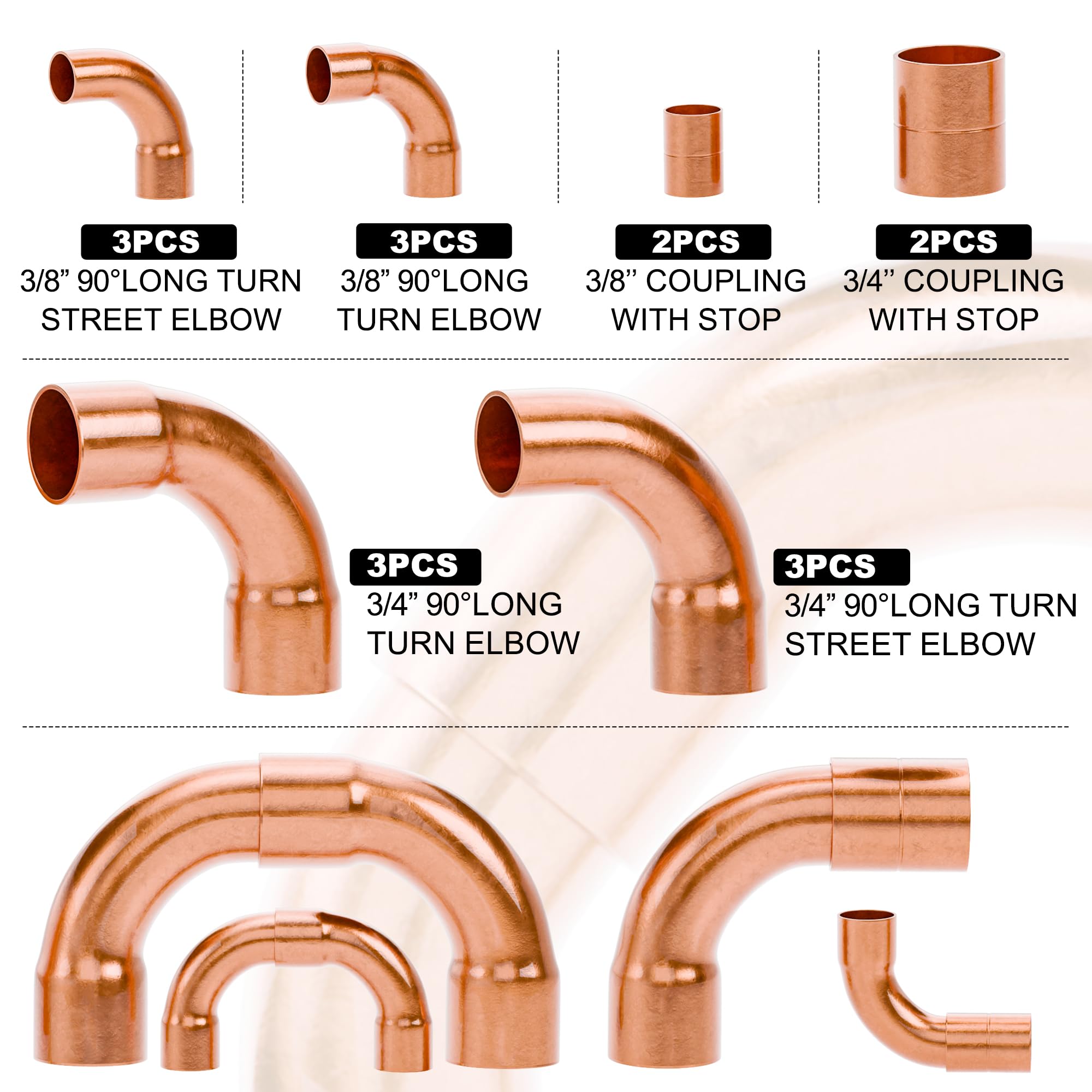 ANCIMOON copper fittings 3/4 90° long-turn street elbow ensuring clean airflow paths
