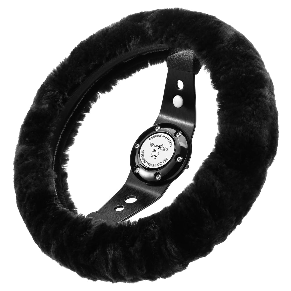 Andalus Brands merino sheepskin steering wheel cover in black for luxurious comfort and grip